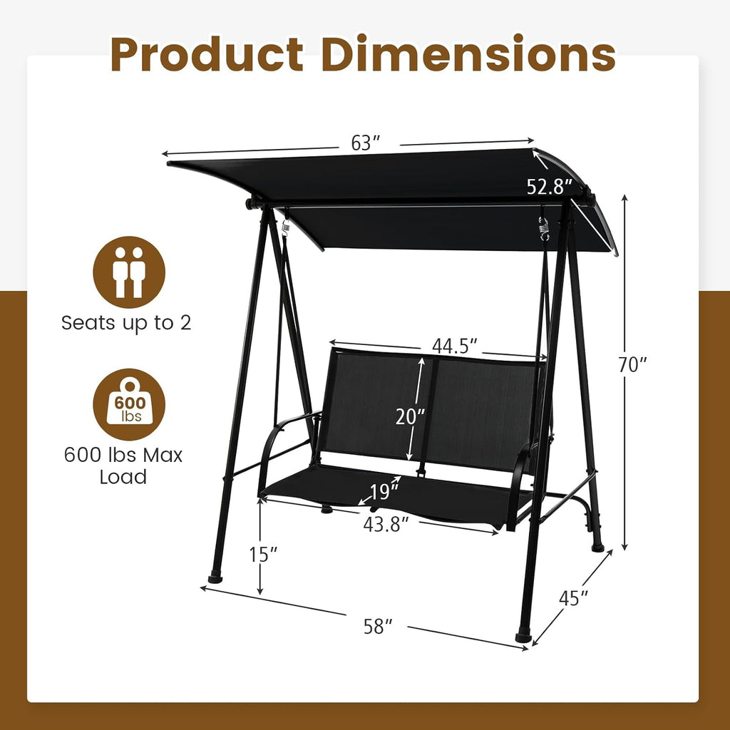 HAPPYGRILL 2-Person Outdoor Swing with Canopy, Patio Porch Swing Chair with Heavy-Duty Metal Frame, Breathable Seat Fabric, Patio Loveseat Swing for Backyard, Balcony, Poolside