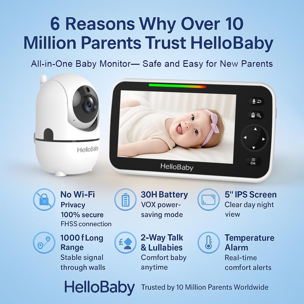 HelloBaby 5' Screen Baby Monitor with 3 Cameras - No WiFi HB6550 Video Baby Monitor, 1000ft Long Range, ECO, 26 Hour Battery, Pan-Tilt-Zoom Night Vision, Temperature Sensor & 2-Way Audio, 8 Lullabies
