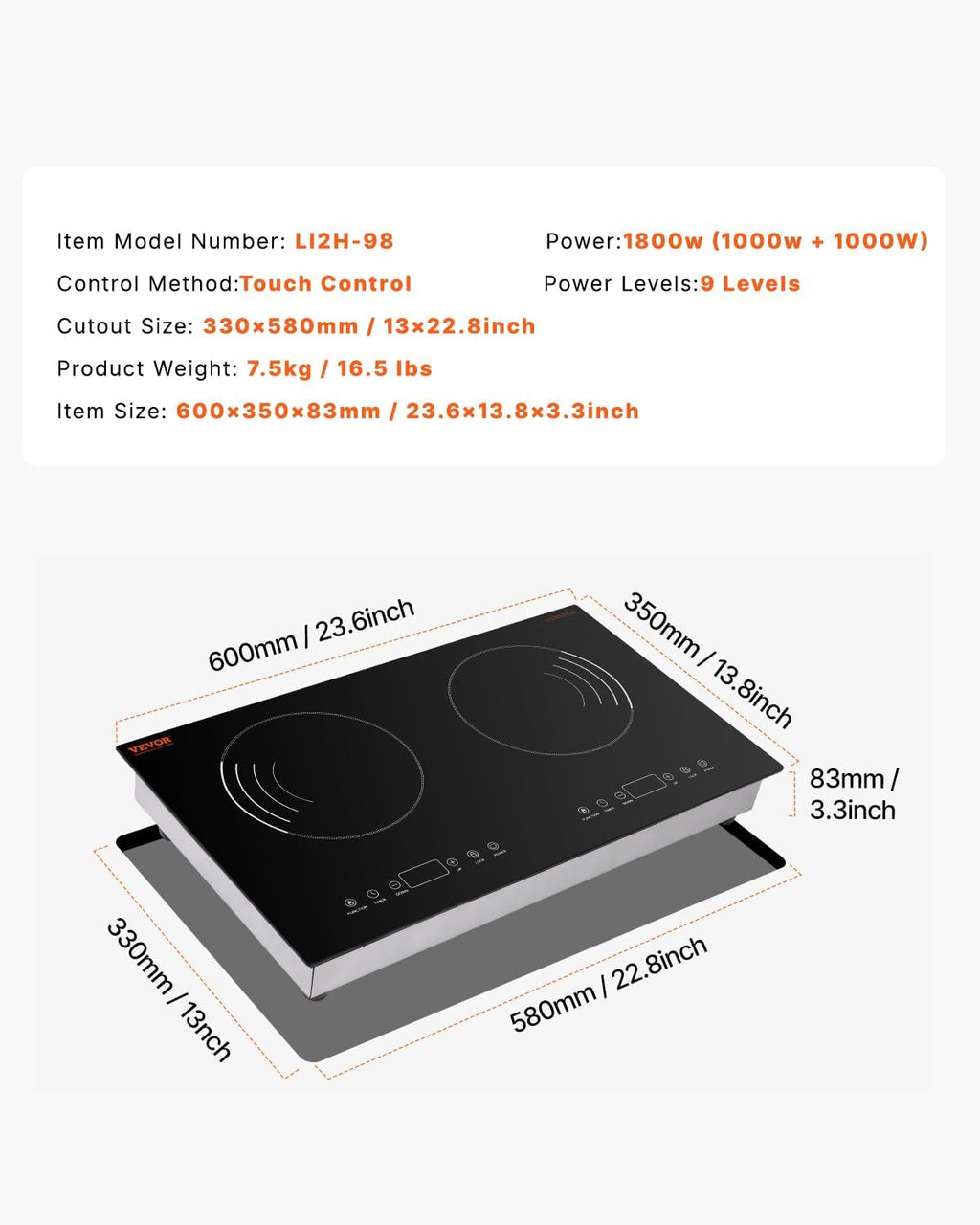 VEVOR Induction Cooktop, 1800W Electric Countertop Burner with 9 Power Settings, 2 Burner Touch Control Stove, Built-in Induction Cooktop, Include 99-Min Timer, Child Safety Lock, Glass Surface