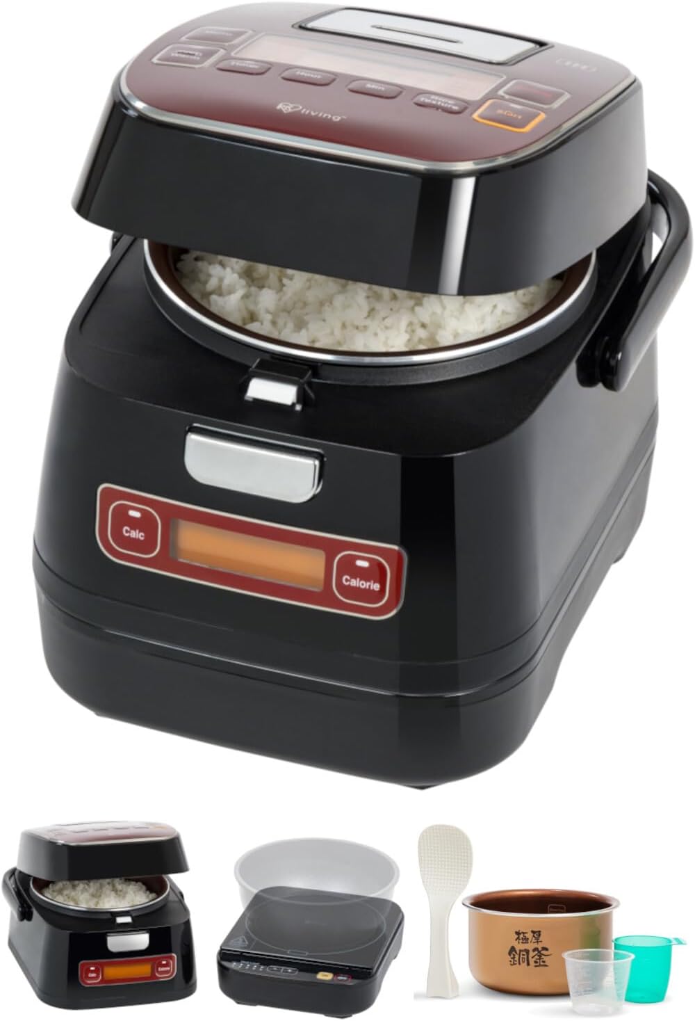 2-in-1 Rice Cooker and Induction Cooktop Burner, 3-Cup (Uncooked) / 6-Cup (Cooked) and Warmer, Portable and Compact IH Cooktop with Calorie Counter and Timer, 7 Cooking Modes
