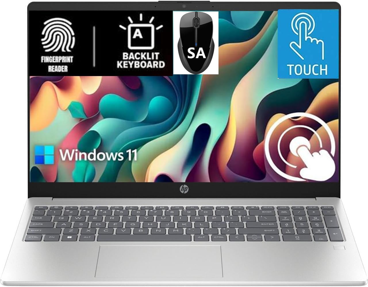 HP 15.6' HD Touchscreen Laptop with Fingerprint Reader, Intel Quad-Core N Processor, 4GB RAM, 128GB SSD Storage, Type-C, HDMI, Backlit Keyboard, SAM, W11 (15-fd - Renewed) Parent (Blue)