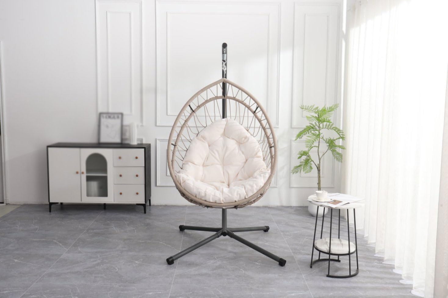 Outdoor Hanging Chair ，Swing Chair, Rocking Chair, Fabric，Metal Frame，Ergonomical ，with Stand, Patio， Indoor Outdoor ， Porch, Garden, Balcony
