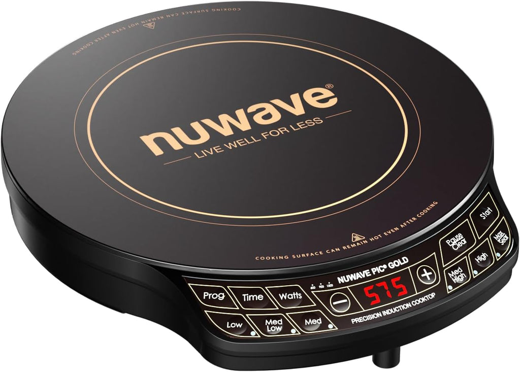 Nuwave Precision Induction Cooktop Gold, 12' Shatter-Resistant Ceramic Glass Surface, Large 8' Heating Coil, Portable, 96 Temp Settings 100°F to 575°F, 3 Wattage Settings 700, 900, and 1500 Watts