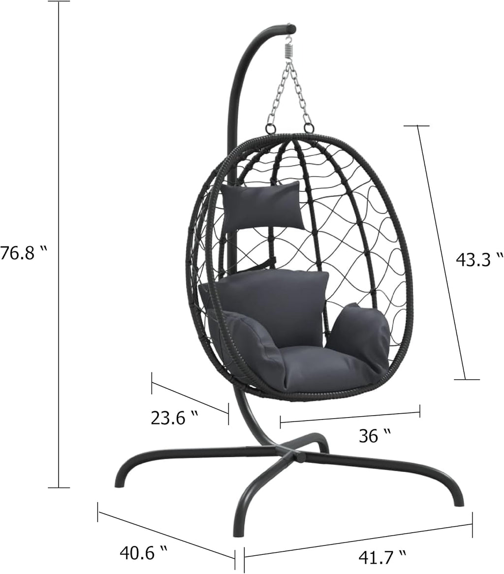 Outdoor Hanging Egg Chair Swing, Gray Cushions, Black Poly Rattan, Steel