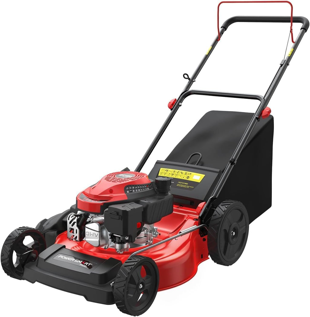 PowerSmart EasyGlide Gas Push Lawn Mower 21-inch 144cc 4-Stroke Engine with Easy Adjustable Cutting Height, High Wheels, 2-in-1 with Mulching, Rear Bagger