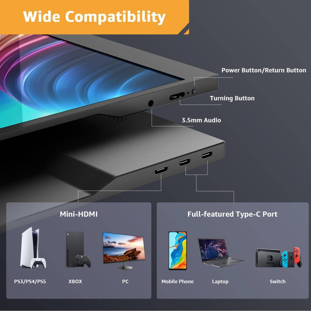 Yodoit Portable Monitor for Laptop 1920×1080 17.3' FHD Screen IPS Display with USB Type C Port, Built-in Speakers and Smart Cover Compatible with PC, MacBook, Xbox (Black)