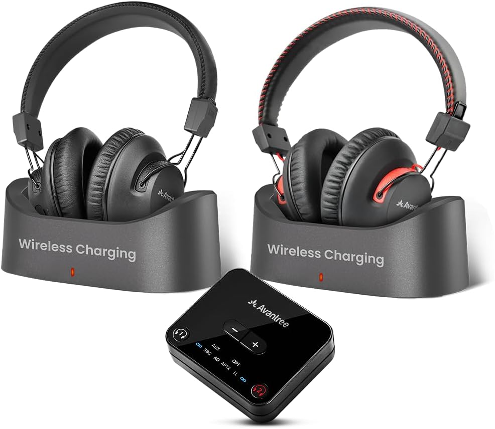 Avantree HT41899 Plus 2 - Dual Bluetooth Wireless Headphones for TV Watching with Transmitter & Charging Docks, aptX Adaptive & Low Latency Support, Compatible with Optical & 3.5mm AUX TVs