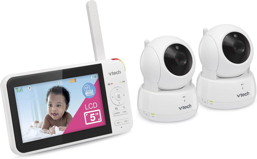 VTech VM924-2 5' Pan Tilt Zoom Video Baby Monitor with 2 Cameras – No WiFi, 17Hr Battery, 1000ft Range, Night Vision, Lullabies & Temperature Sensor – Ideal for New Parents & Twins