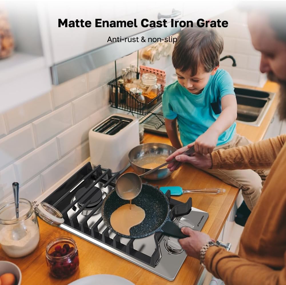 12 Inch Gas Cooktop, ThermoMate Heavy Built In Gas Rangetop with 2 High Efficiency SABAF Burners, NG/LPG Convertible 304 Stainless Steel Stove Top with Flame Out Protection, CSA Certified