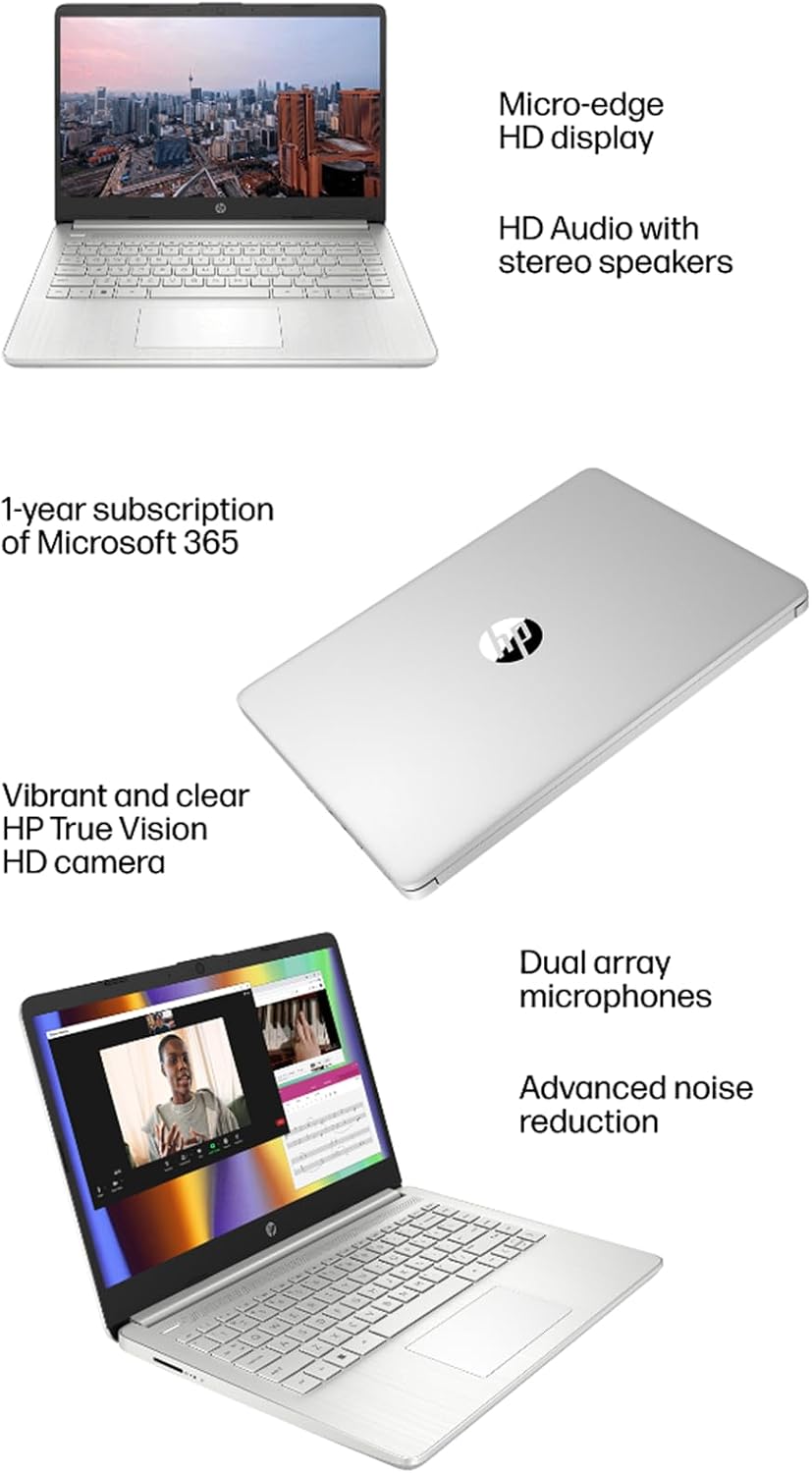HP 14 Laptop (14' Anti-Glare, Intel Celeron N4120, 8GB RAM, 256GB Storage (128GB eMMC + 128GB IST SD Card)) School & Business, 11Hr Battery Life, 1-Year Office 365, Win 11 Home S w/AI Copilot, Silver