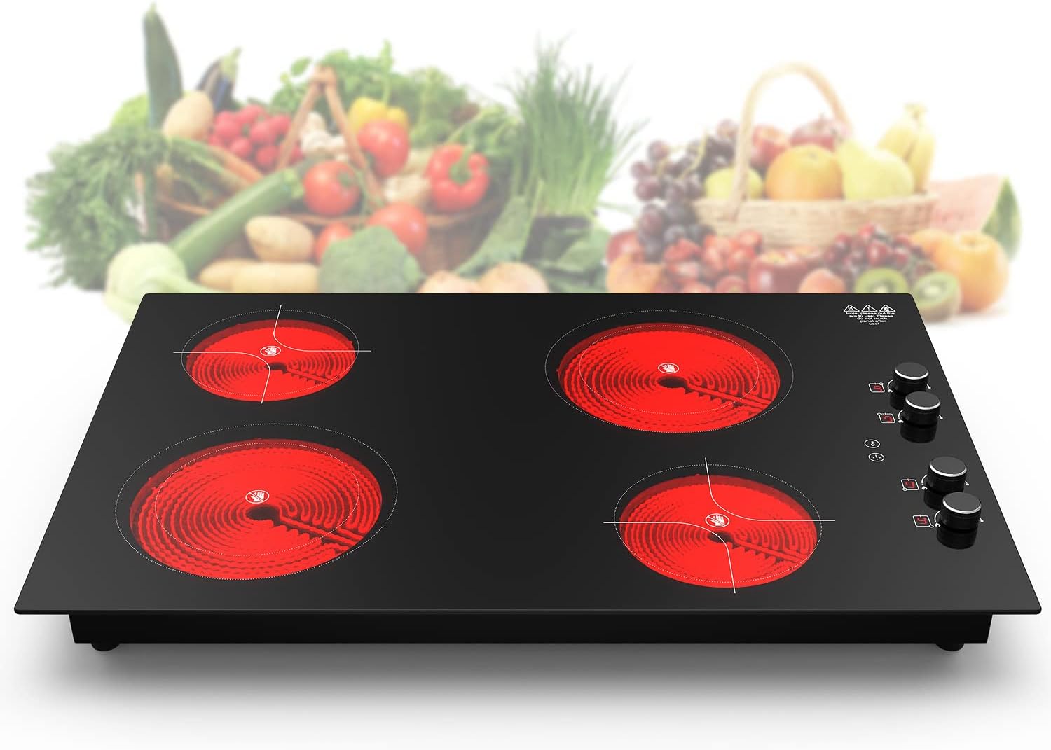 GIHETKUT 4 Burner Electric Cooktop,7200W Built-in & Countertop 4 Burner Electric Stove Top with 9 Power Levels, Child Safety Lock & 99mins Timer, 30 inch Electric Cooktop 220-240V (No Plug)