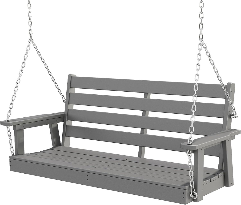 GREENVINES Porch Swing | 51'' | HDPE Plastic | for Outdoor Patio | All Weather | Waterproof Bench Swings | w/ 4 Stainless Steel Chains | Grey