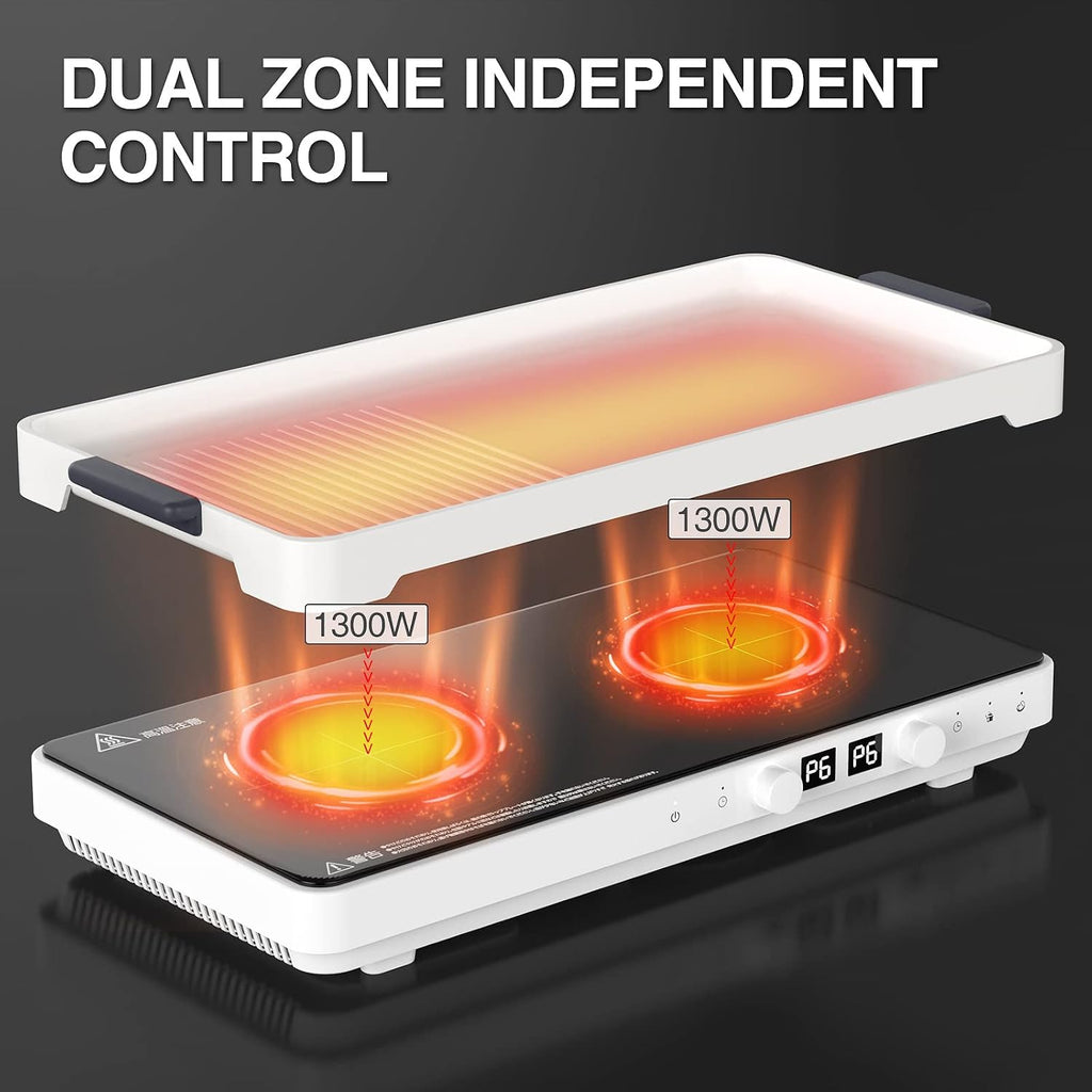 Induction Cooktop 2 Burners with Removable Cast Iron Griddle Pan Non-stick, 1800W Sensor Touch 9 Power Levels, 99 Min Timer, Suitable for Kitchen,Great for Family Party