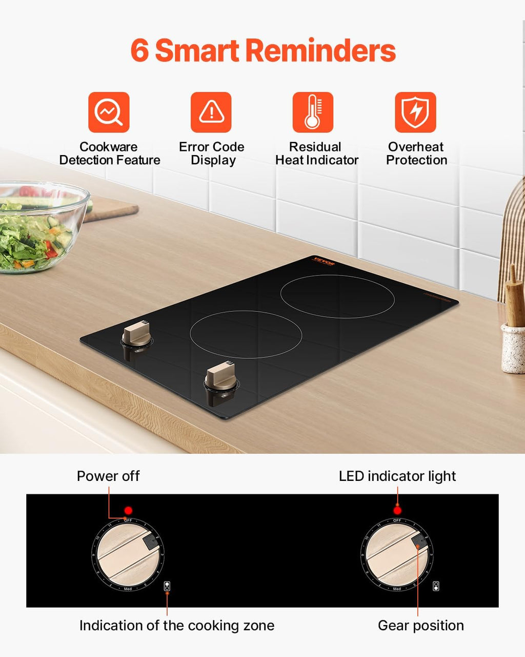 VEVOR Induction Cooktop, 1800W Electric Countertop Burner, 2 Burner Knob Control Stove, Built-in Induction Cooktop with 12 Temperature Settings, Glass Surface, Auto Shut-Off