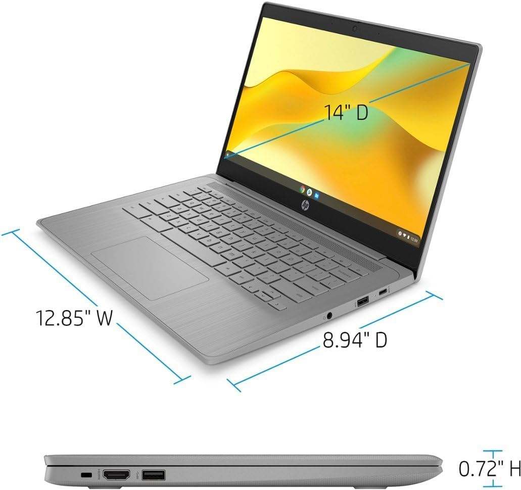 HP 2023 Chromebook Laptop, 14 Inch Display, Intel Celeron N4120 Processor, 4GB RAM, 128GB Storage (64GB eMMC+64GB MSD Card), Intel UHD Graphics 600, WiFi, Bluetooth, Chrome OS, Modern Gray