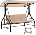 AECOJOY Porch Swing Chair, 3 Seats Porch Swing Adjustable Canopy Outdoor Swing with Stand Patio Swing Bed with Removable Beige Cushions