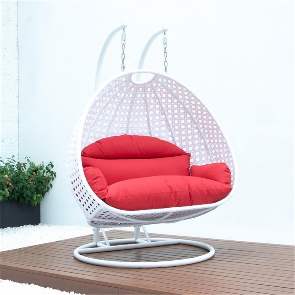 LeisureMod 2 Person Hanging Egg Chair, Indoor Outdoor Patio Lounge Swing with White Stand & UV-Resistant Cushions, Hammock Chair for Bedroom & Garden, Red