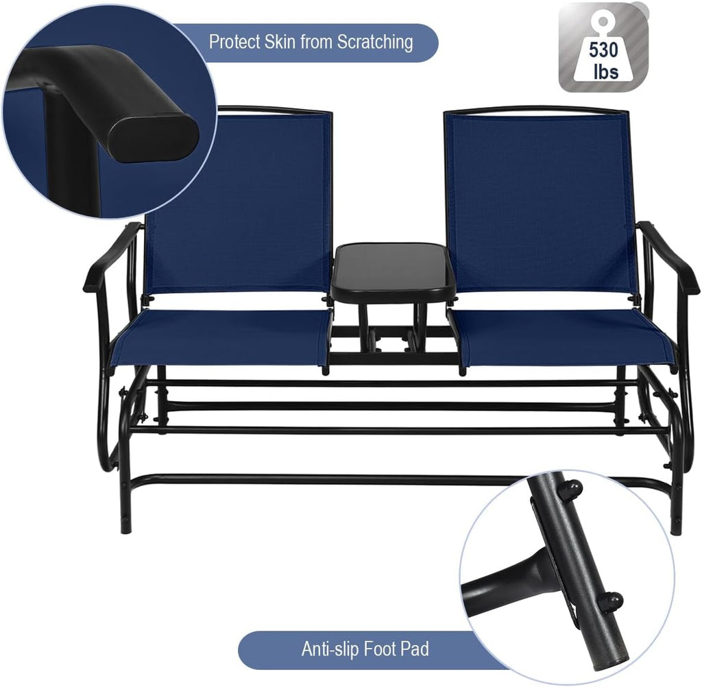 Giantex Outdoor Glider, Rocking Chair with Metal Frame, Center Tempered Glass Table, 2-Person Loveseat, Patio Glider Bench, Outside Swing Chair for Garden Yard Lawn Porch Patio Rocker (Navy)