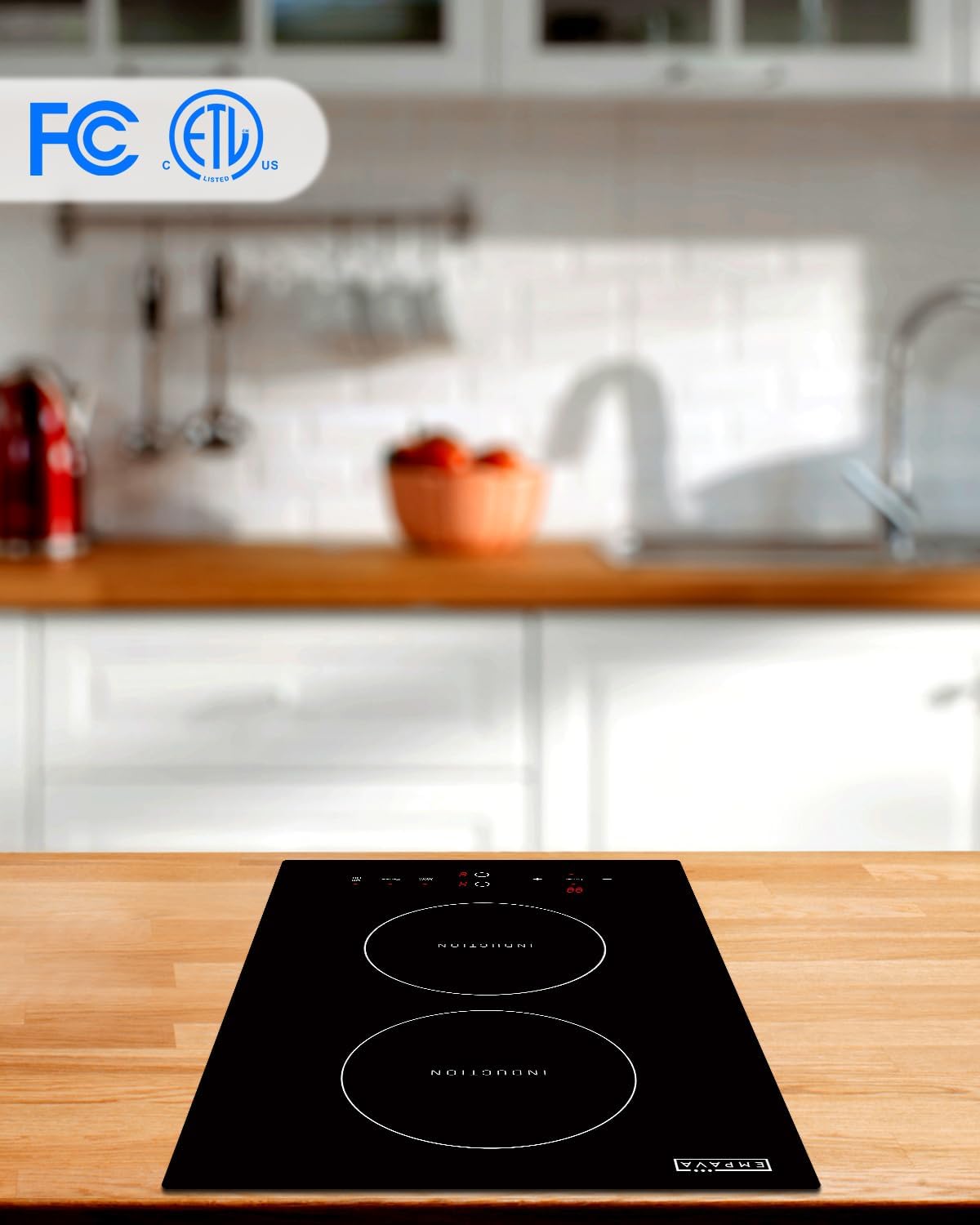 Empava 12 Inch Electric Induction Cooktop Smooth Surface with 2 Burners 120V, 12 Inch, Black