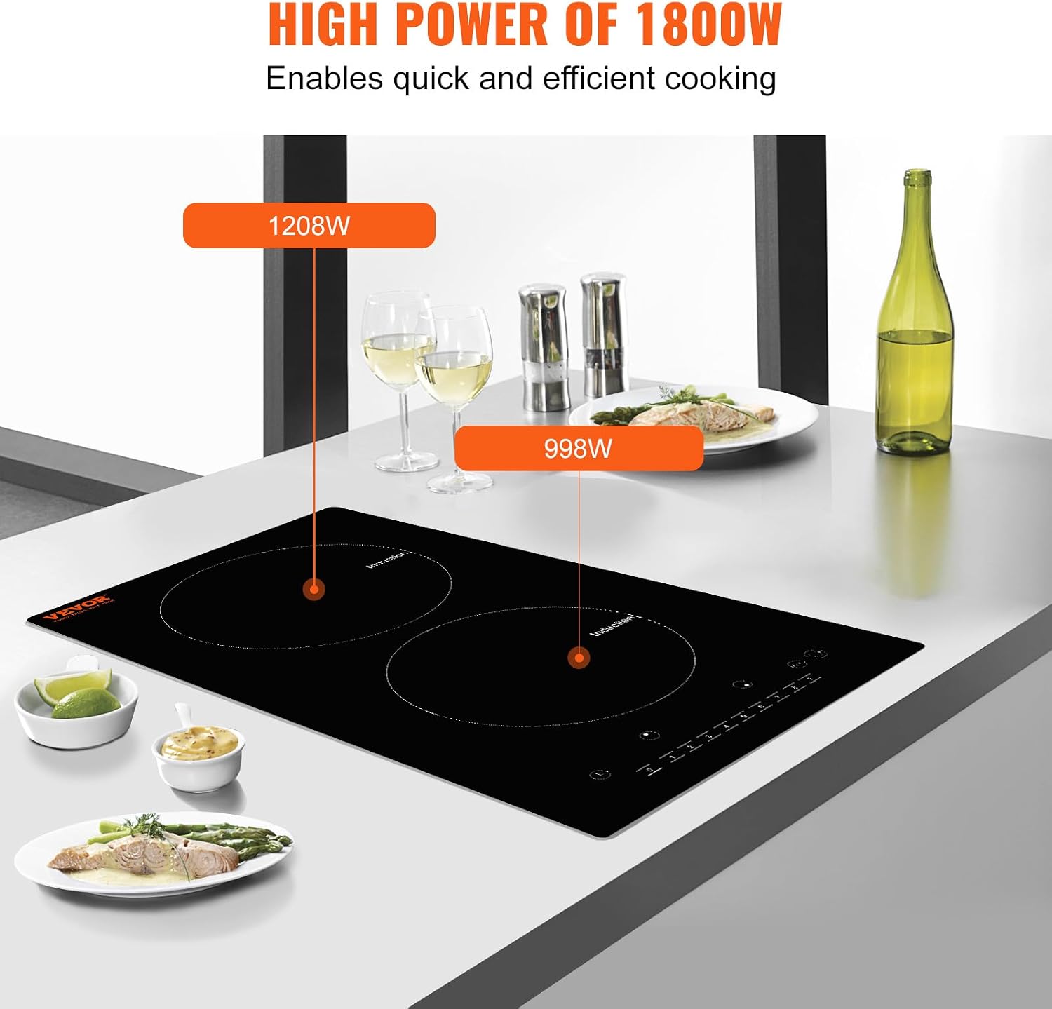 VEVOR Electric Cooktop, 2 Burners, 12'' Induction Stove Top, Built-in Magnetic Cooktop 1800W, 9 Heating Level Multifunctional Burner, LED Touch Screen w/Child Lock & Over-Temperature Protection