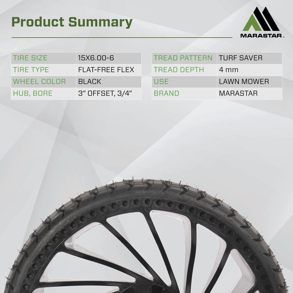 MARASTAR 31426-2PK 15x6.00-6 Tire and Wheel Assembly, Flat-Free Flex Tire, Replacement Riding Lawn Mower Front Tires, 2 pack