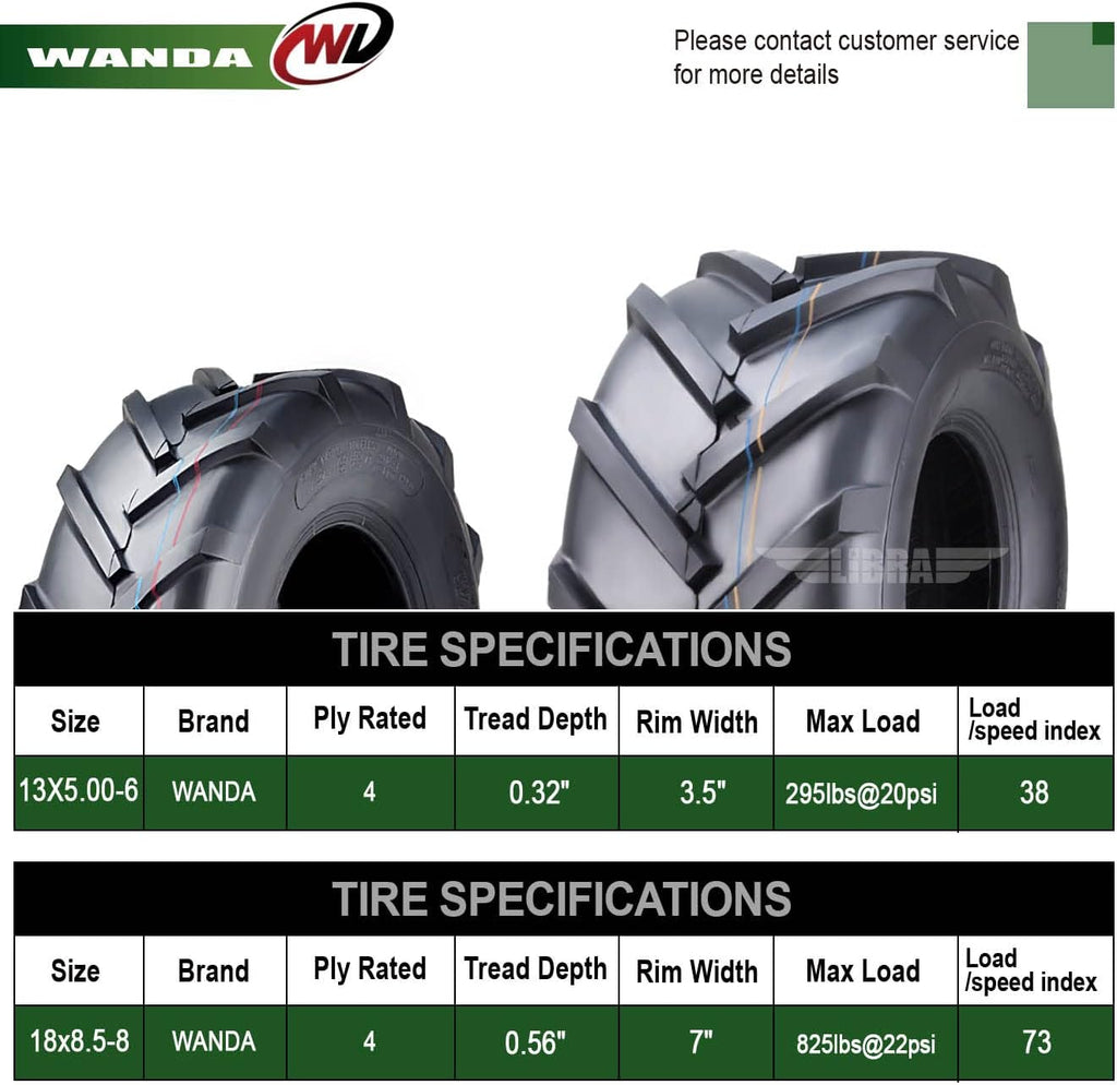 WANDA Set 4 13X5-6 & 18X8.5-8 Lawn Mower Agriculture Farm Tractor Tires Super Lug 4 Ply-13077/13079