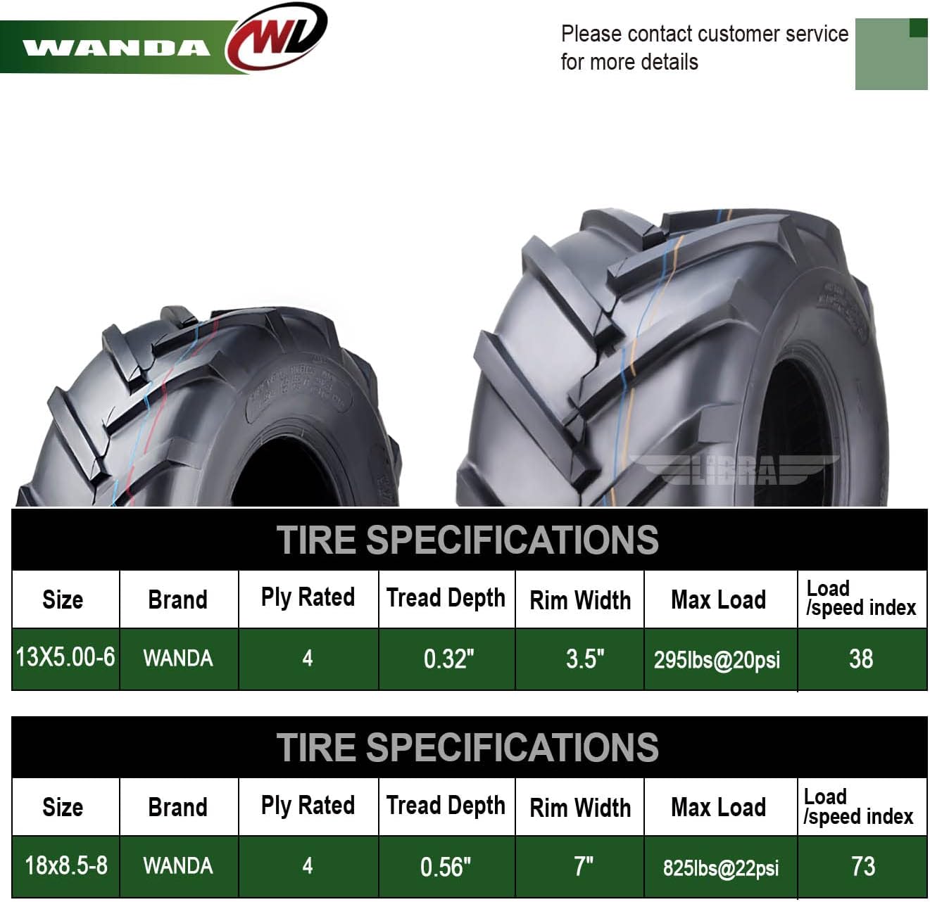 WANDA Set 4 13X5-6 & 18X8.5-8 Lawn Mower Agriculture Farm Tractor Tires Super Lug 4 Ply-13077/13079