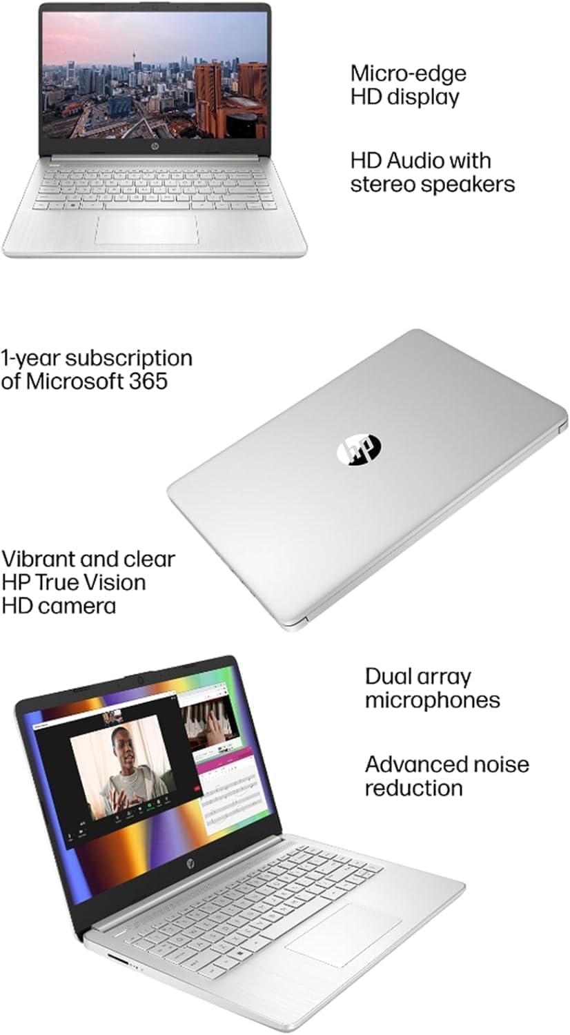 HP 14 Laptop (14' Micro-edge, Intel N4120, 16GB RAM, 192GB(64GB eMMC+128GB SD), 1-Yr Microsoft 365, 11-Hrs Long Battery Life, Narrow-Bezel, Webcam, WiFi, Win 11 Home in S Mode, Student & Home, White