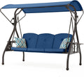 ZZW 800LBS Patio Swing with Canopy 3 Seat Outdoor Porch Swing with Stand w/Cup Holder & Pillow Glider Chair Swing Bed for Patio Backyard Poolside (Blue)