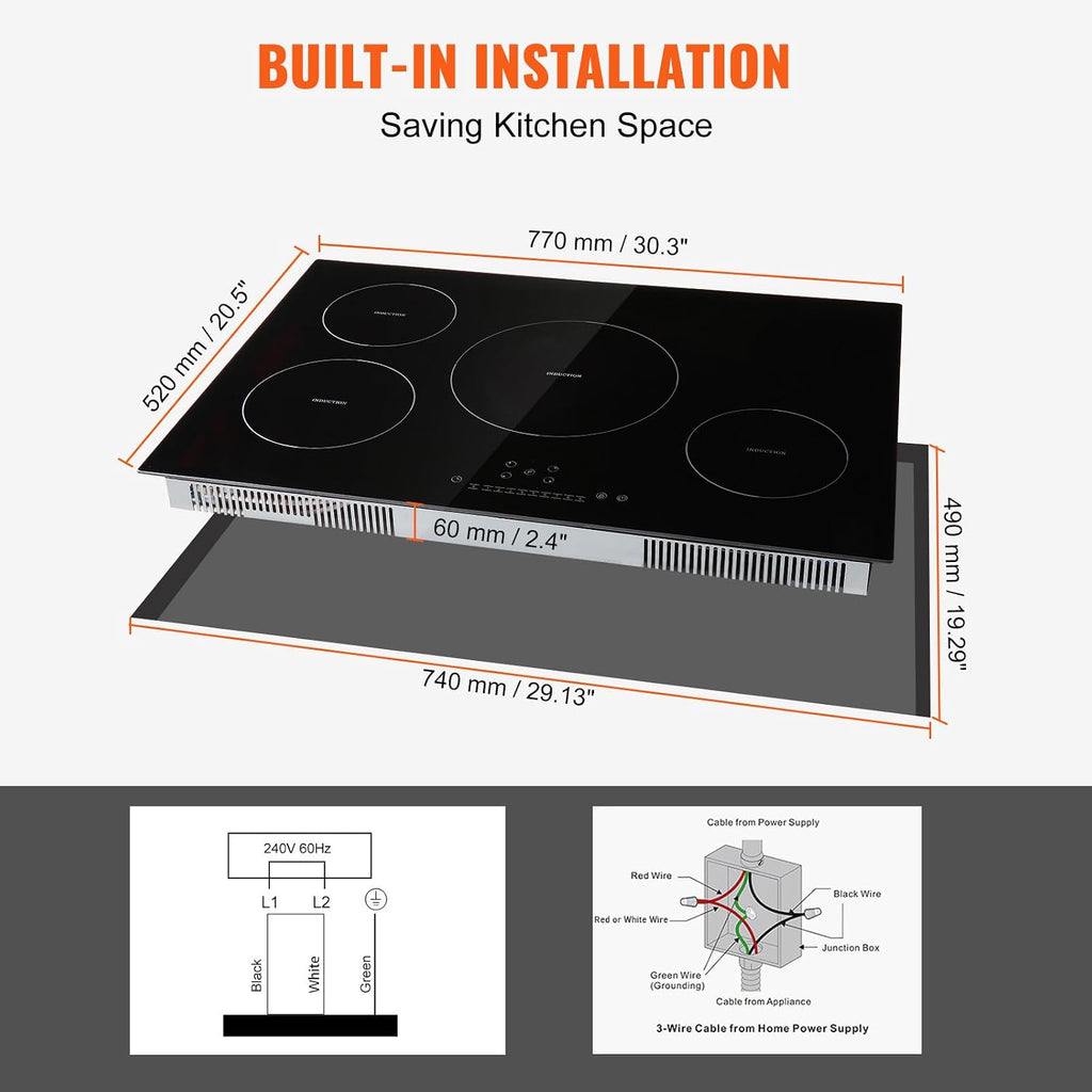 VEVOR Electric Cooktop, 4 Burners, 30'' Induction Stove Top, Built-in Magnetic Cooktop 7500W, 9 Heating Level Multifunctional Burner, LED Touch Screen w/Child Lock & Over-Temperature Protection