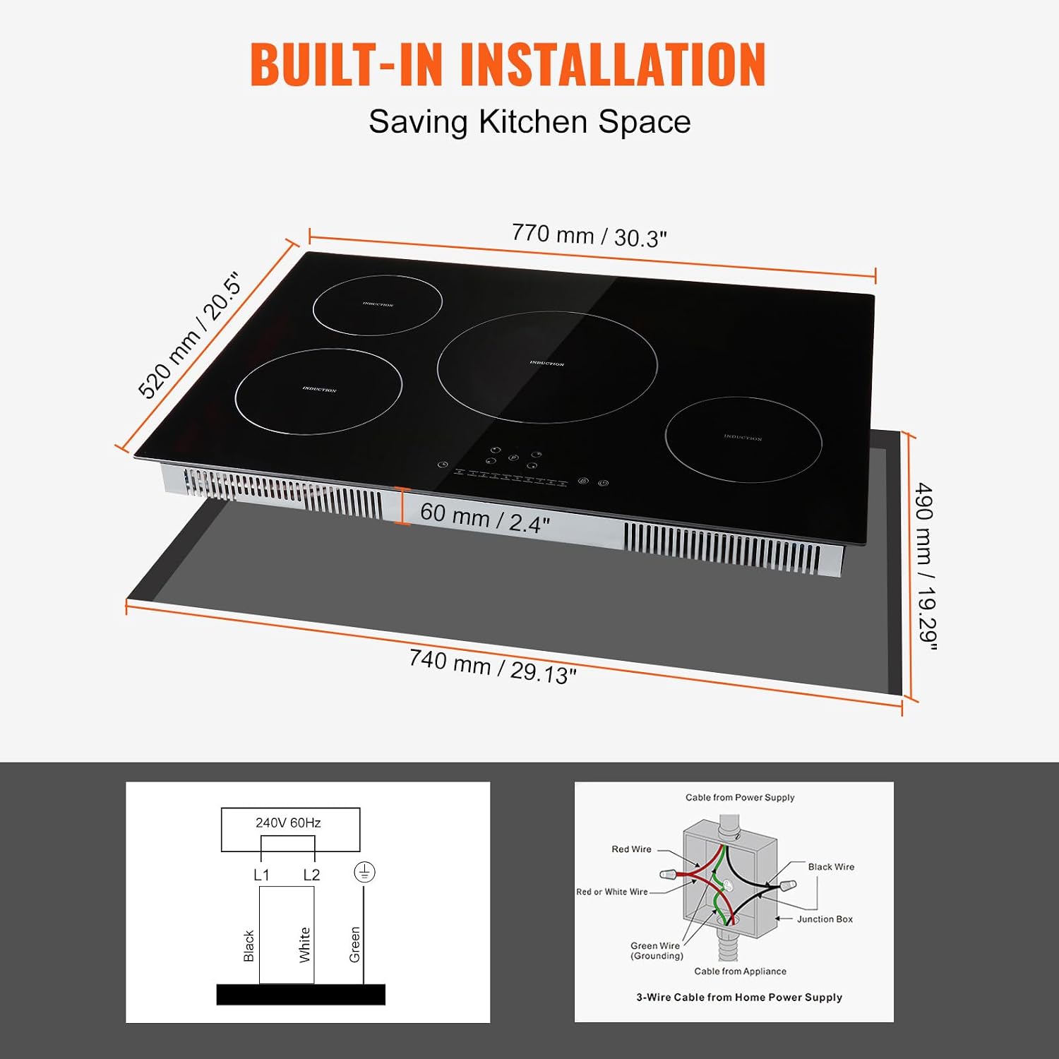 VEVOR Electric Cooktop, 4 Burners, 30'' Induction Stove Top, Built-in Magnetic Cooktop 7500W, 9 Heating Level Multifunctional Burner, LED Touch Screen w/Child Lock & Over-Temperature Protection