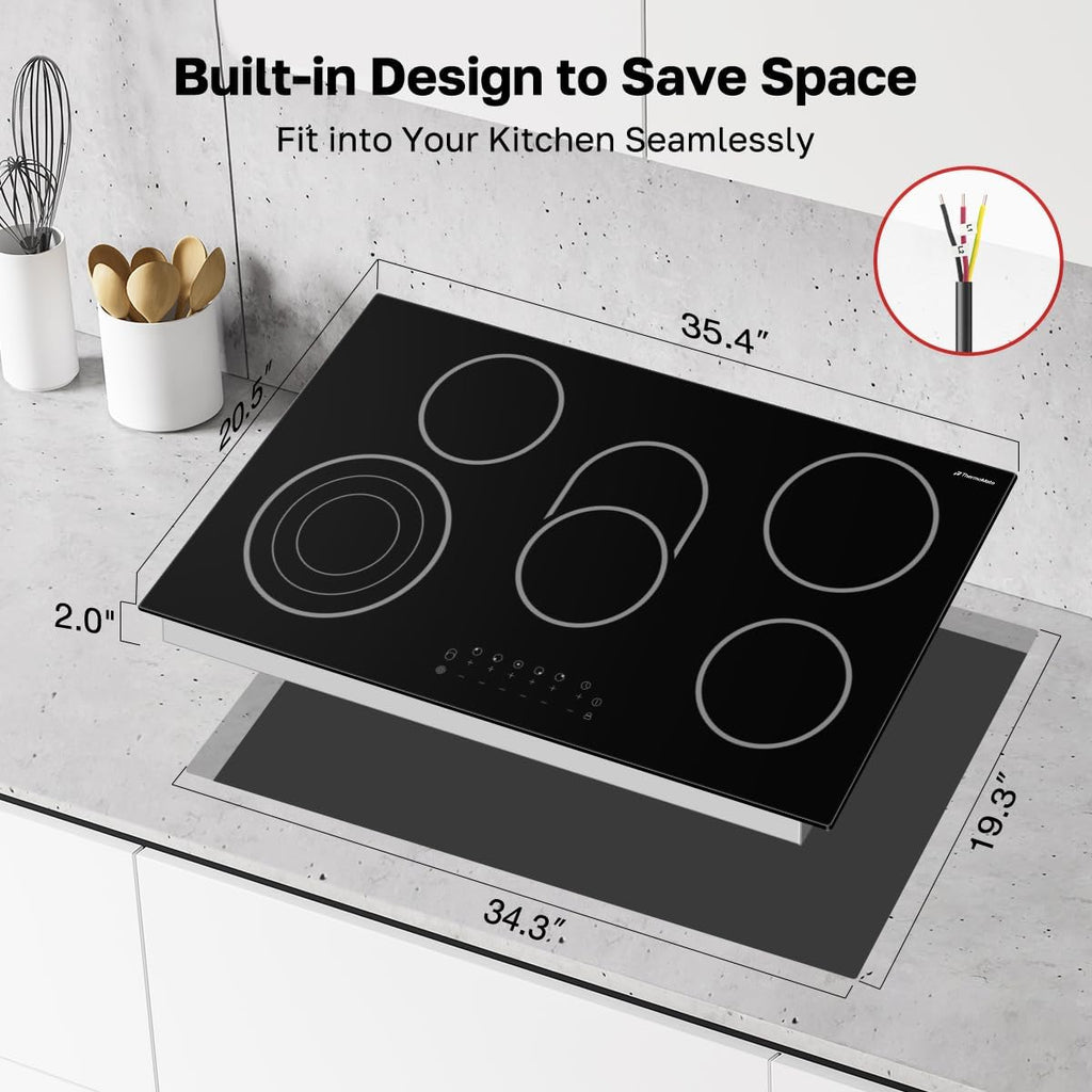 ThermoMate 36 Inch Electric Cooktop 5 Burners, 36' Built in Radiant Electric Stove Top, 8500W Ceramic Cooktop with Touch Control, 9 Heating Level, Chlid Lock & Timer, 220-240V Hard Wire ETL Listed