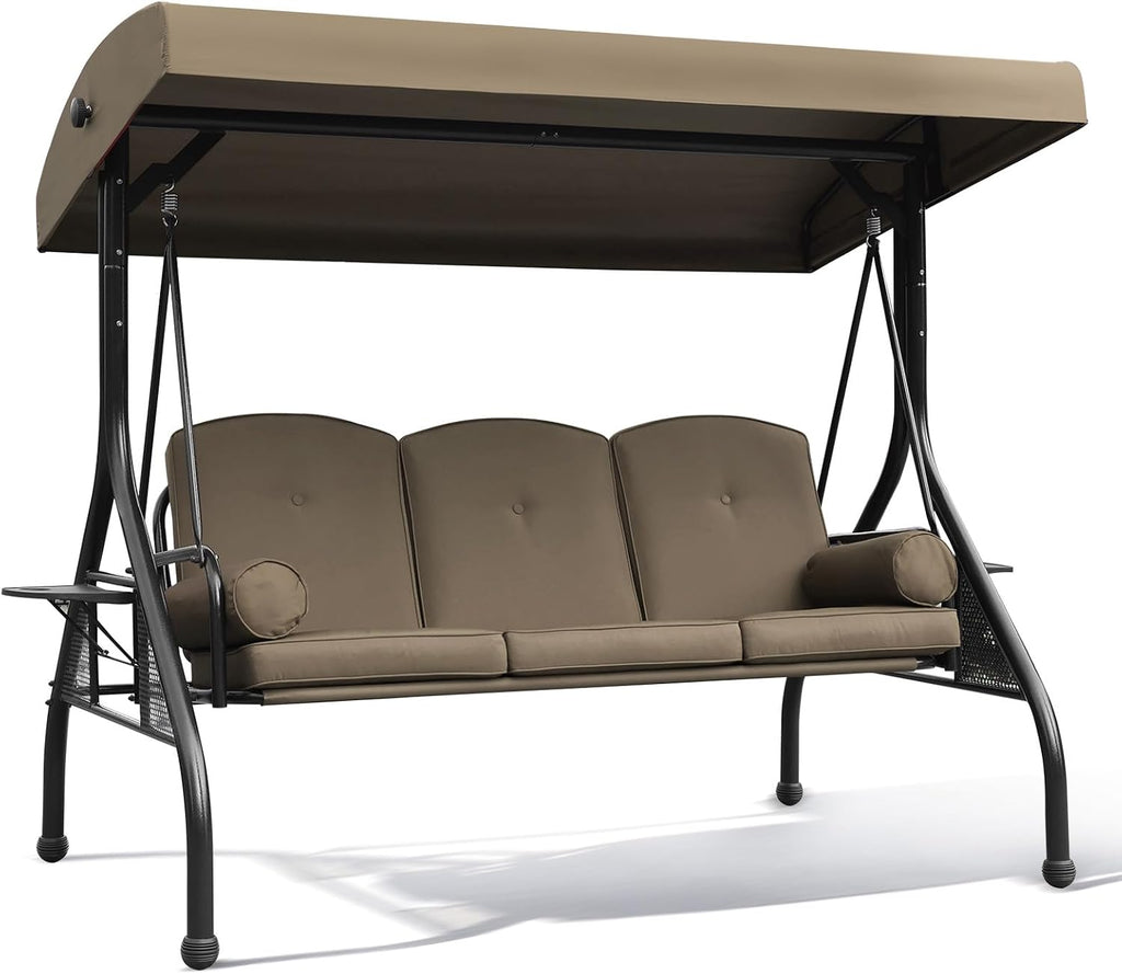 NOBLEMOOD Patio Porch Swing, 3-Seat Outdoor Swing with Adjustable Canopy, Waterproof Fabric Cushion, Pillow and Foldable Side Tray for Patio, Backyard, Porch Swing Bed for Spring