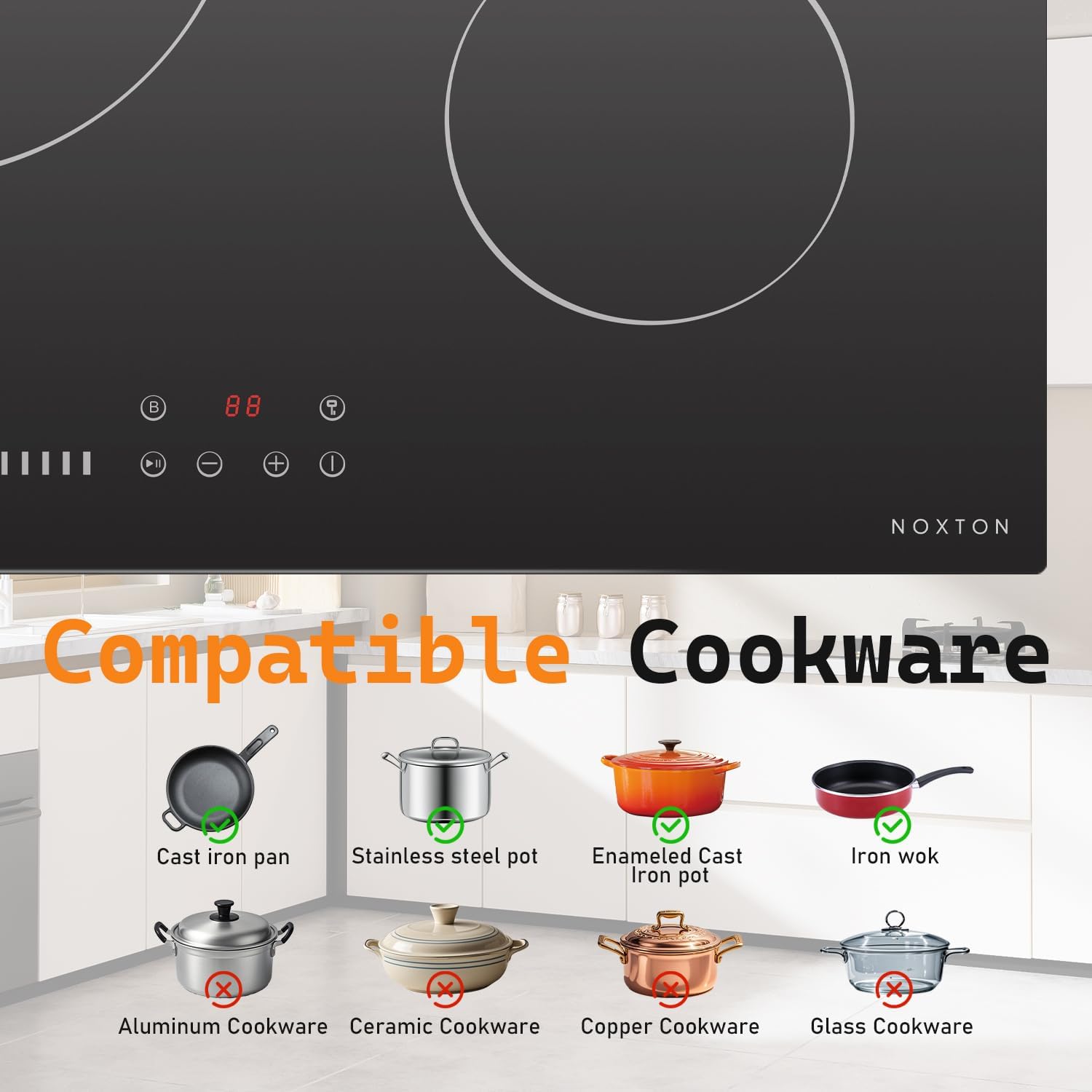 Noxton 36 Inch Induction Cooktop, 5 Burners Electric Cooktop, Upgraded Induction Stovetop with Flex Zone, Power Boost, Pause, 9 Power Levels, Child Safety Lock, Timer, 220-240V Hard wire