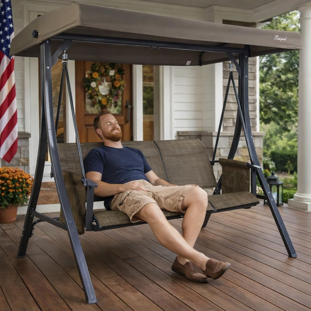 Kozyard Brenda 3-Seat Outdoor Porch Swing Glider, Patio Swing with Adjustable Canopy, Steel Frame, Breathable Textilene Seat & Back, Side Pockets (Taupe)