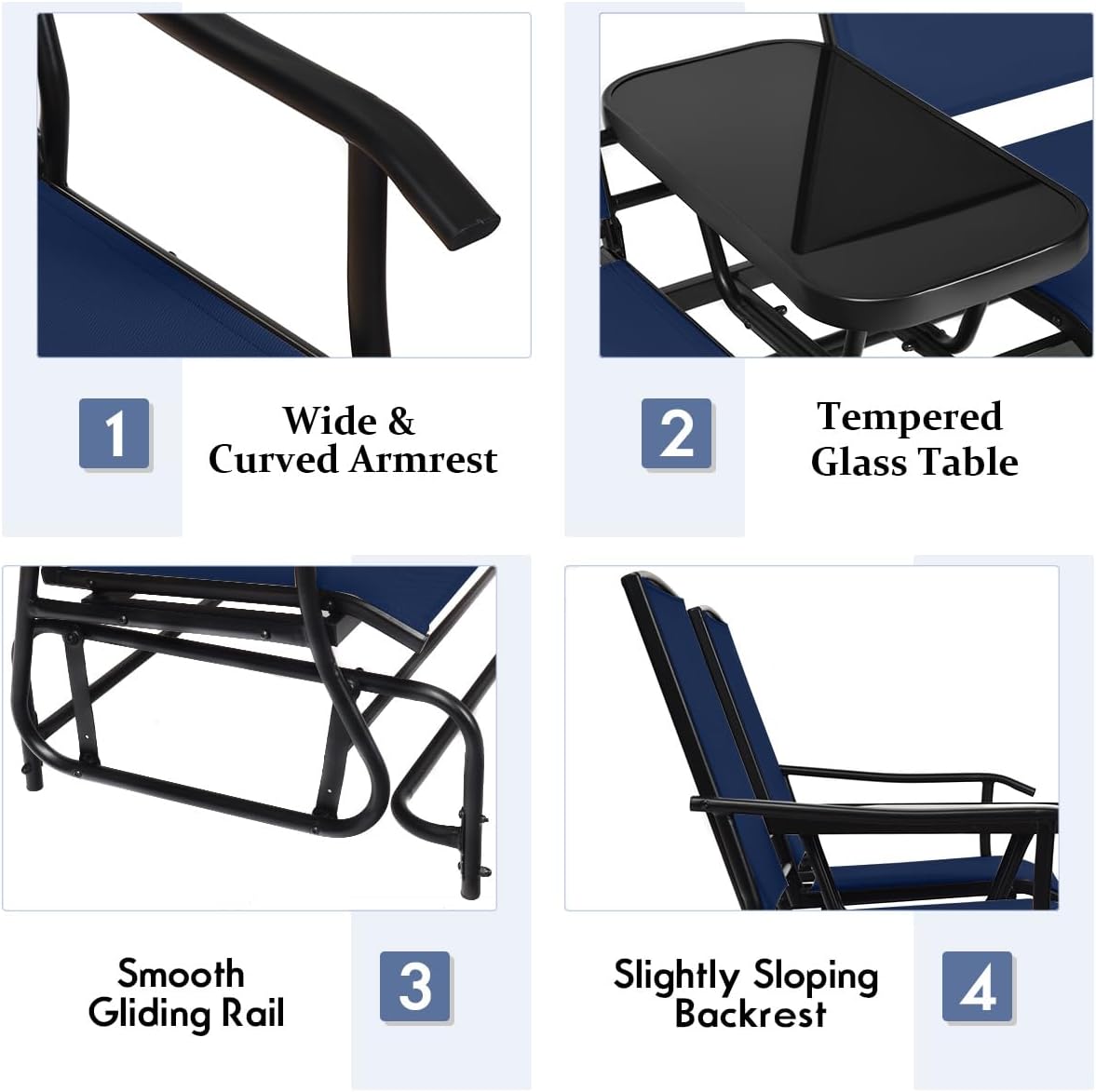 Giantex Outdoor Glider, Rocking Chair with Metal Frame, Center Tempered Glass Table, 2-Person Loveseat, Patio Glider Bench, Outside Swing Chair for Garden Yard Lawn Porch Patio Rocker (Navy)
