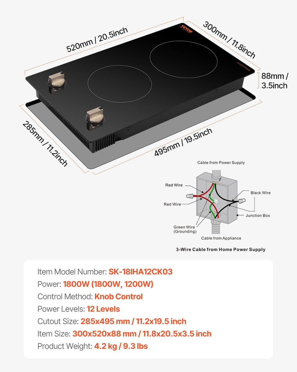 VEVOR Induction Cooktop, 1800W Electric Countertop Burner, 2 Burner Knob Control Stove, Built-in Induction Cooktop with 12 Temperature Settings, Glass Surface, Auto Shut-Off