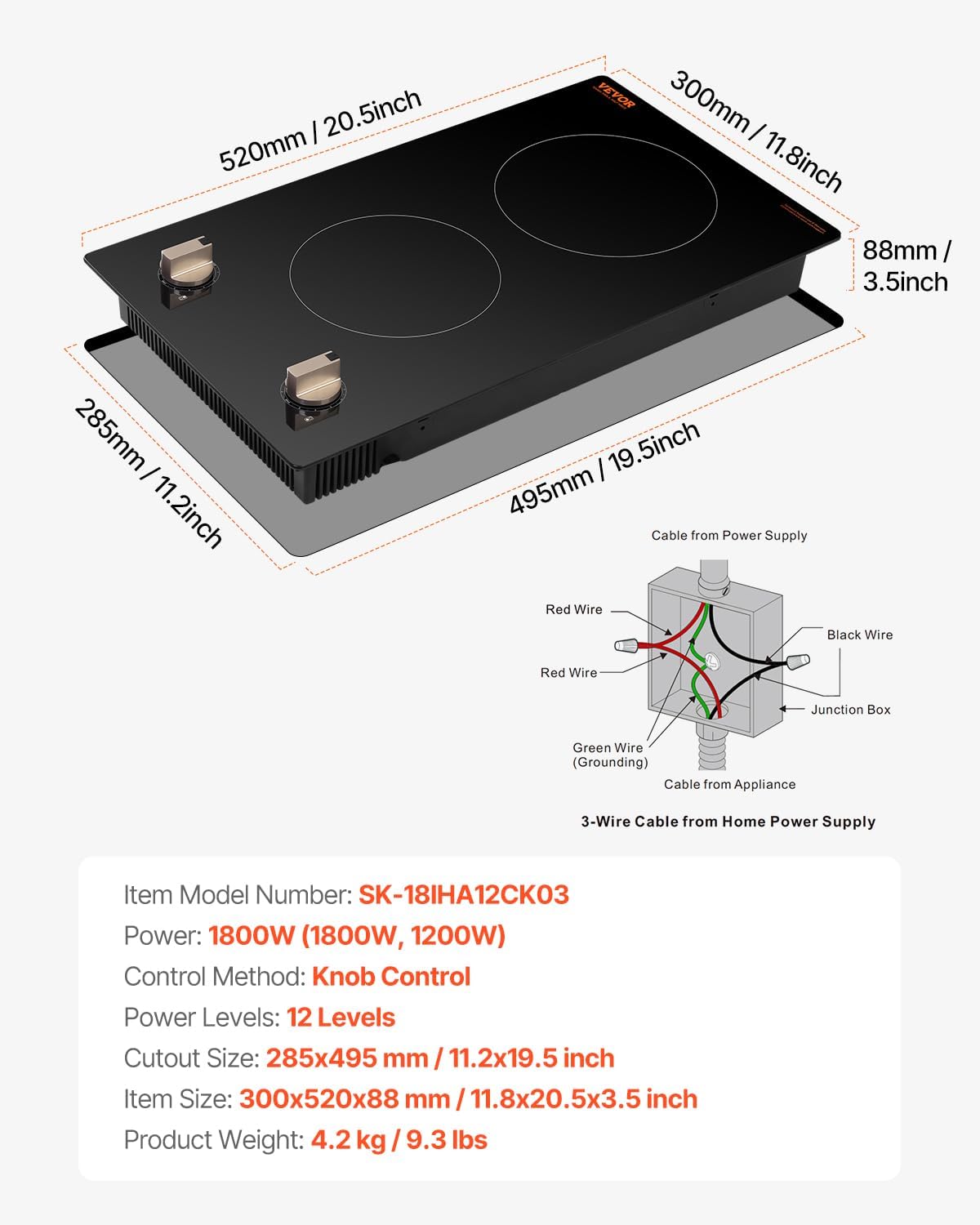 VEVOR Induction Cooktop, 1800W Electric Countertop Burner, 2 Burner Knob Control Stove, Built-in Induction Cooktop with 12 Temperature Settings, Glass Surface, Auto Shut-Off