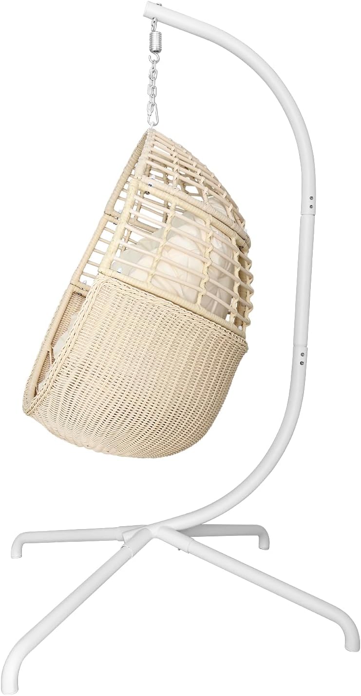 Hanging Egg Chair Swing Chair with Stand Wicker Rattan Chair for Indoor Outdoor Patio Bedroom Hammock Chair with Steel Frame and Cushion Beige