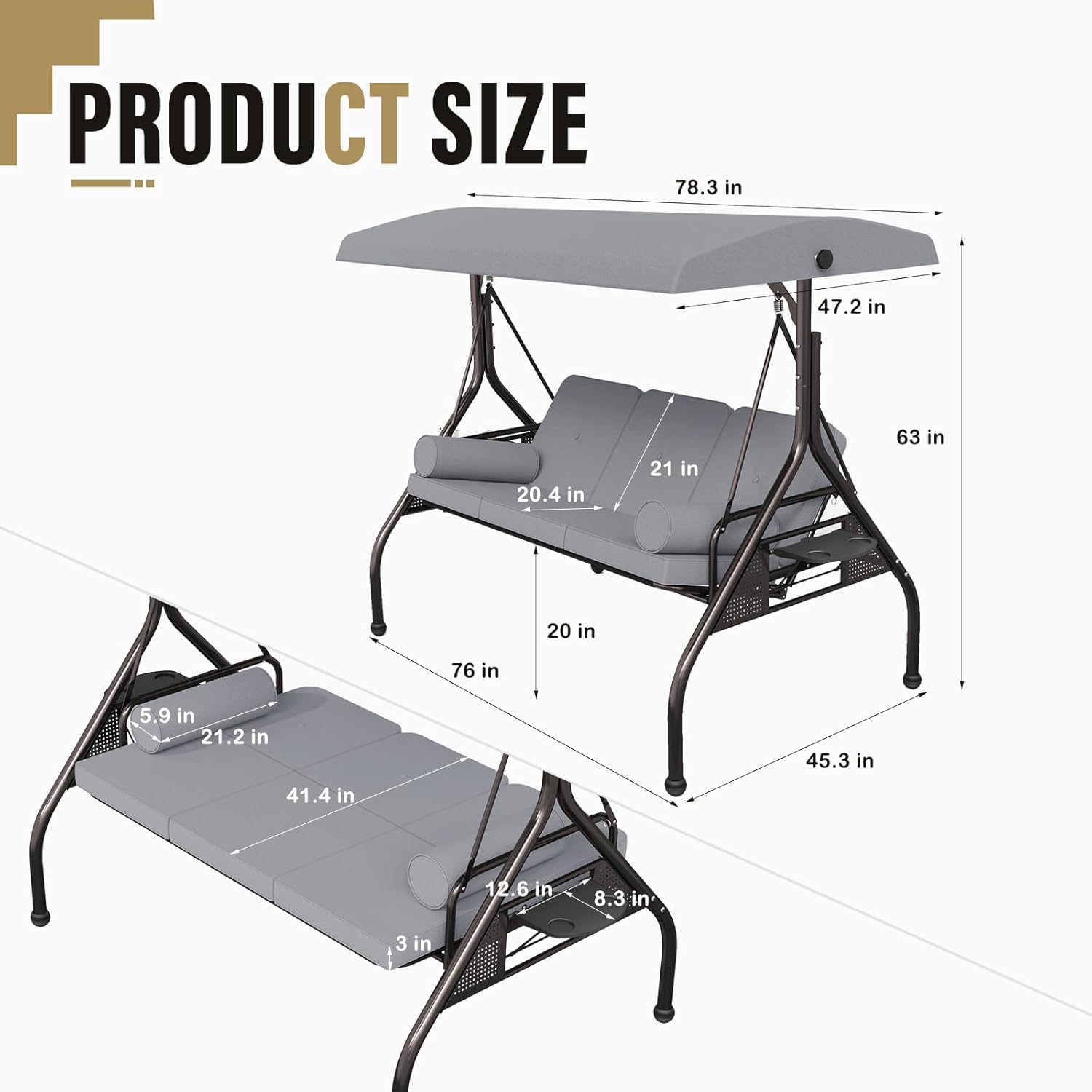 Betterland 3-Seat Patio Swing Chair, Outdoor Porch Swing with Cushions,Pillows & Cup Holders, Adjustable Canopy Outside Bench Swing for Backyard, Garden, Porch (Grey)