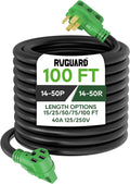 RVGUARD 50 Amp 100 Foot RV/EV Extension Cord, NEMA 14-50P/R Heavy Duty Extension Cord with LED Power Indicator and Cord Organizer, Green, ETL Listed
