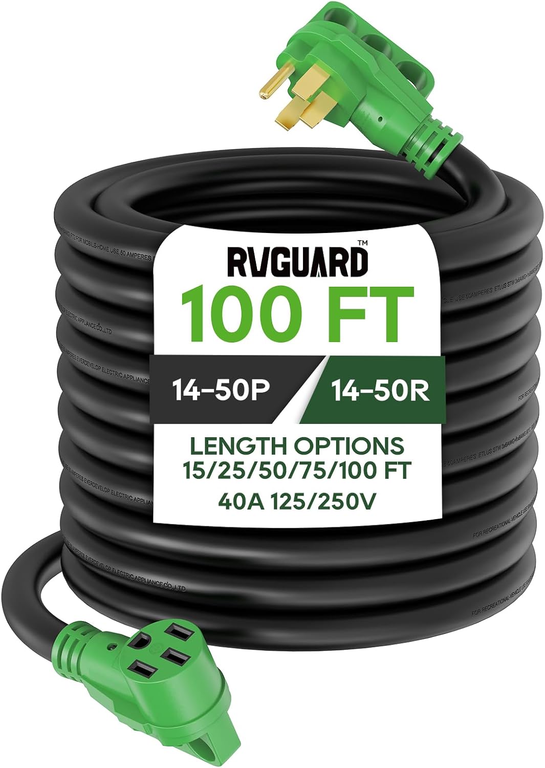 RVGUARD 50 Amp 100 Foot RV/EV Extension Cord, NEMA 14-50P/R Heavy Duty Extension Cord with LED Power Indicator and Cord Organizer, Green, ETL Listed