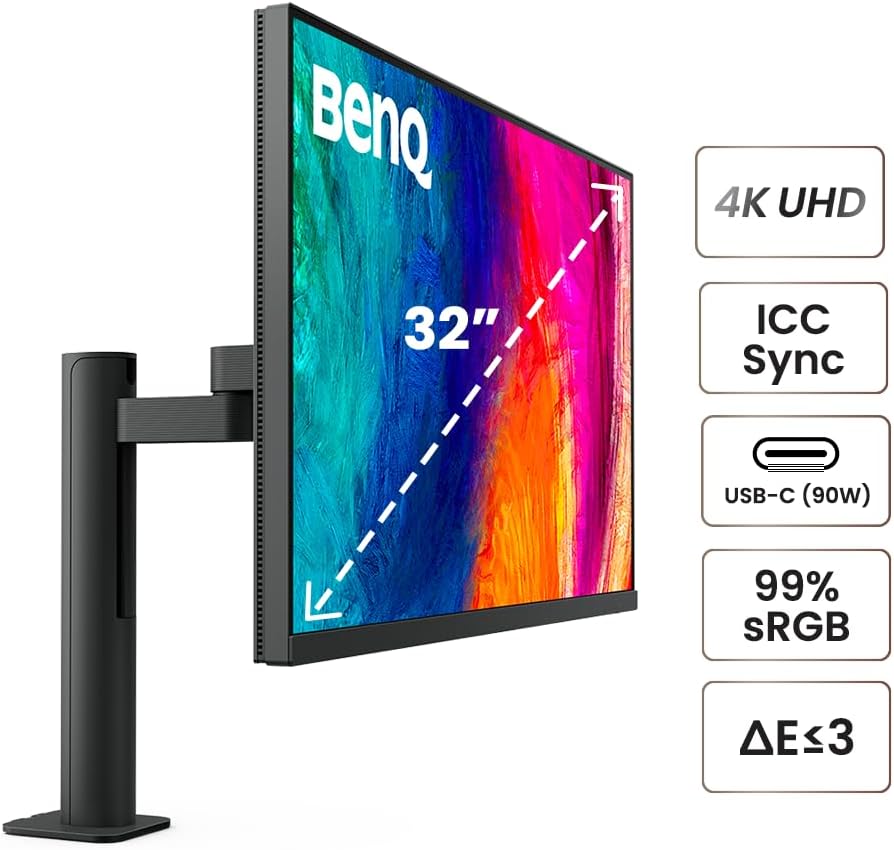 BenQ PD3205UA AQCOLOR 32' 4K UHD Ergo Arm Mac-Ready Monitor, 99% Rec.709 & sRGB, IPS, Built-in Ergo Mount, ICCSync, Uniformity, Delta E≤3, Factory-Calibrated, Pantone, USB-Hub, USB-C (90W)