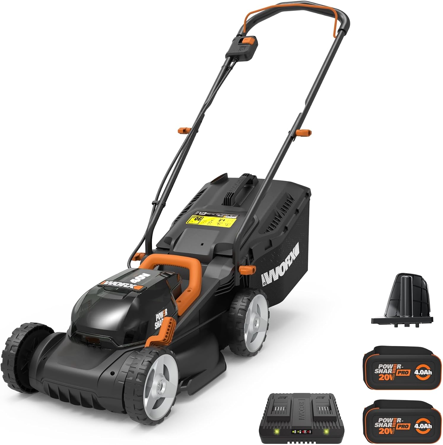 WORX 14' Cordless Lawn Mower, 2 in 1 Electric Mower Cuts Quietly, Compact & Lightweight Push Lawn Mower with 6-Position Height Adjustment for Small Yards, 2 Batteries & Charger Included, WG779