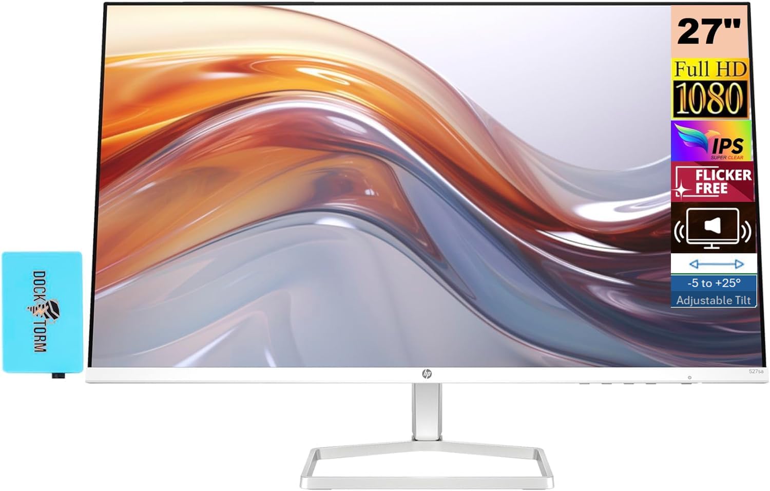HP Series 5 527sa Monitor with Speakers 94F48AA#ABA Bundle with Docztorm Dock, 27' FHD IPS (1920x1080) Display, 2X HDMI, Flicker-Free, White/Silver (2026 Latest Model) (Pallet of 36 Units)