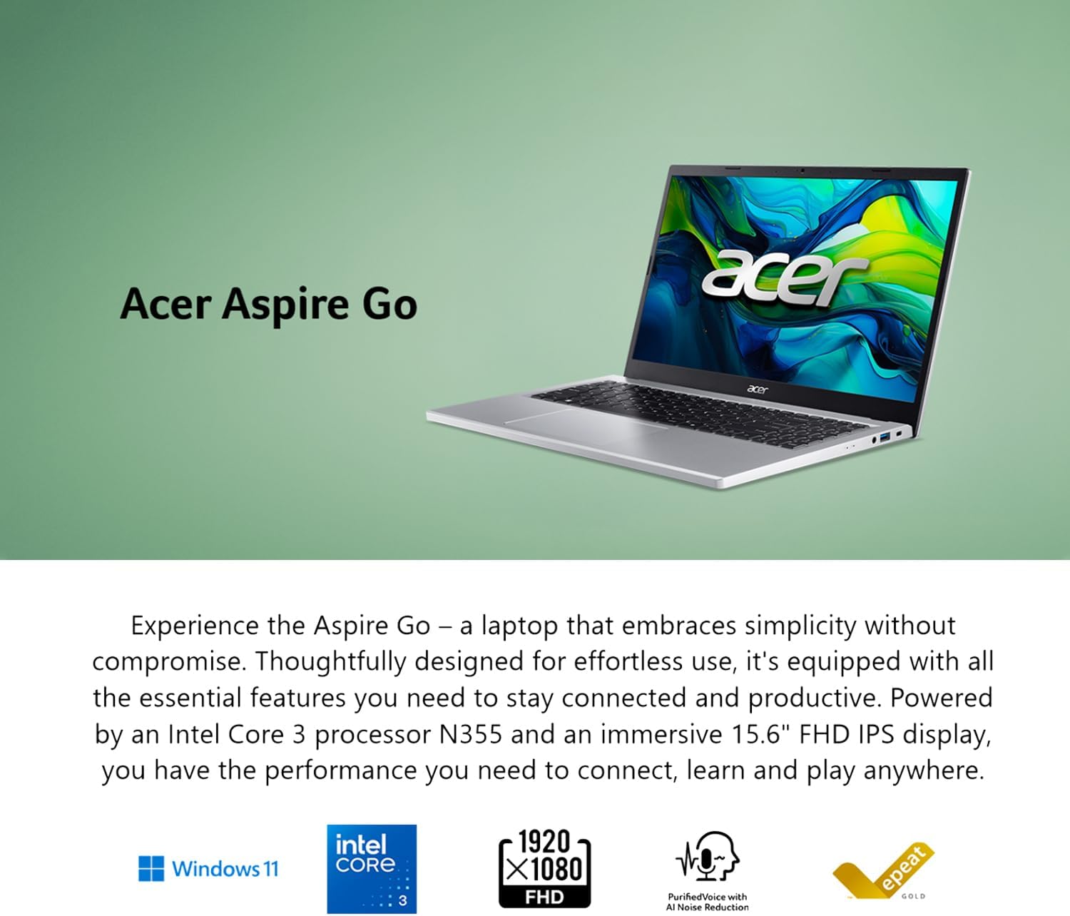 acer Aspire Go 15 Laptop, Next-Gen Intel 8-Core i3 N355 (up to 3.9GHz), 15.6' BluelightShield FHD Display, 8GB DDR5, 256GB Storage, Copilot Key, HDMI, Windows 11, WOWPC USB, w/o Earbuds