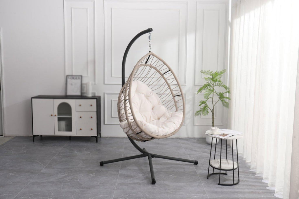 Outdoor Hanging Chair ，Swing Chair, Rocking Chair, Fabric，Metal Frame，Ergonomical ，with Stand, Patio， Indoor Outdoor ， Porch, Garden, Balcony