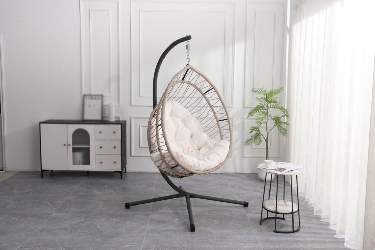 Outdoor Hanging Chair ，Swing Chair, Rocking Chair, Fabric，Metal Frame，Ergonomical ，with Stand, Patio， Indoor Outdoor ， Porch, Garden, Balcony