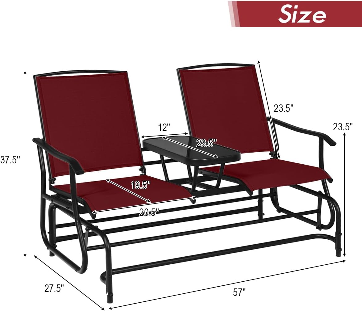Giantex Outdoor Glider, Rocking Chair with Metal Frame, Center Tempered Glass Table, 2-Person Loveseat, Patio Glider Bench, Outside Swing Chair for Garden Yard Lawn Porch Patio Rocker (Burgundy)