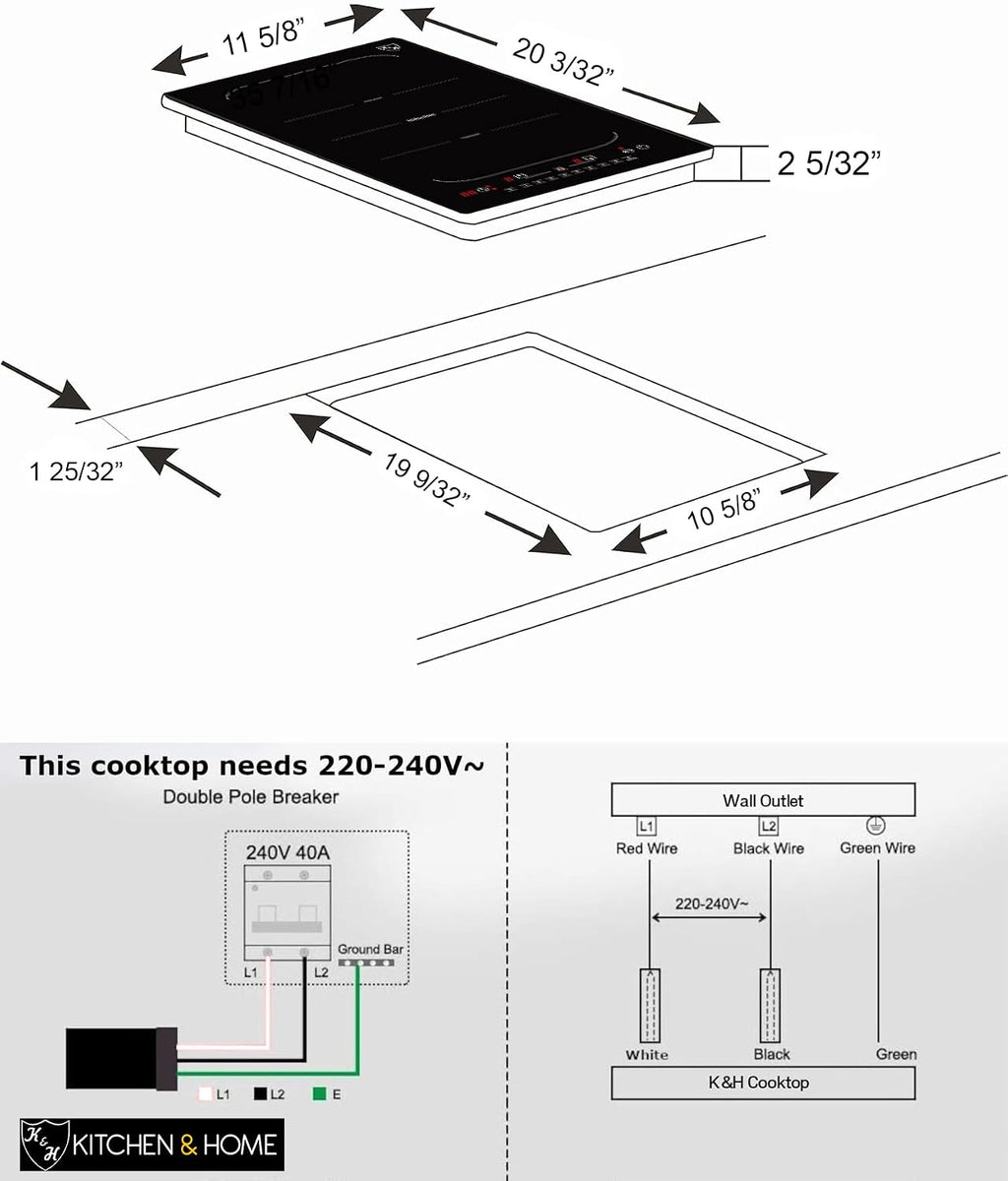 K&H 2 Burner 12 Inch Built-in Induction FLEX BURNER Electric Stove Top Ceramic Cooktop 240V 3100W INDV-38FX